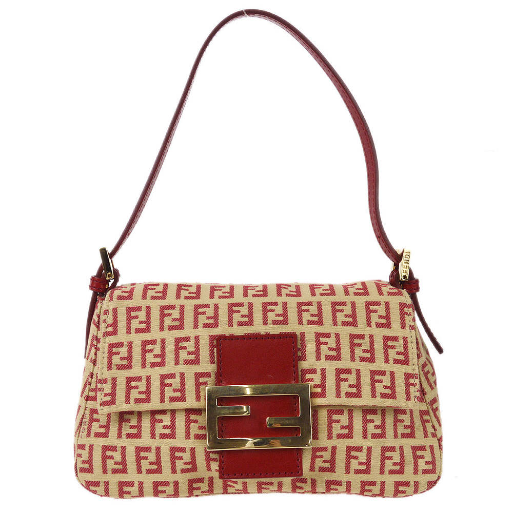 FENDI Zucchino Mamma Baguette Mini Handbag Red Beige 97827 - Picture 1 of 10